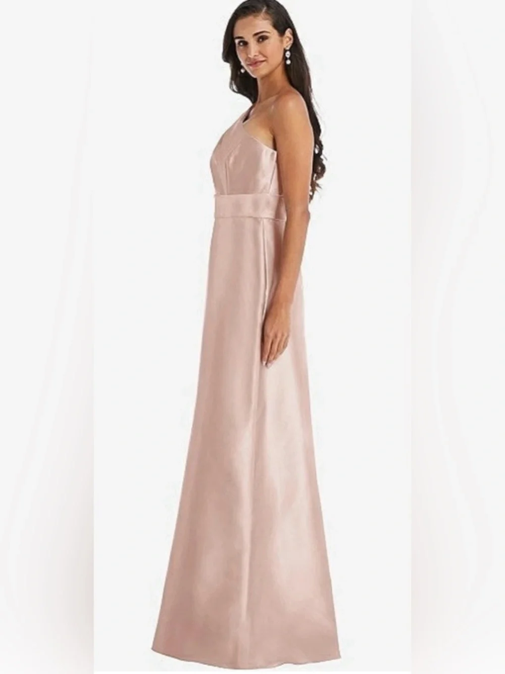 Alfred Sung Draped One Shoulder Satin Maxi Dress with Pockets Toasted Sugar - Picture 2 of 10